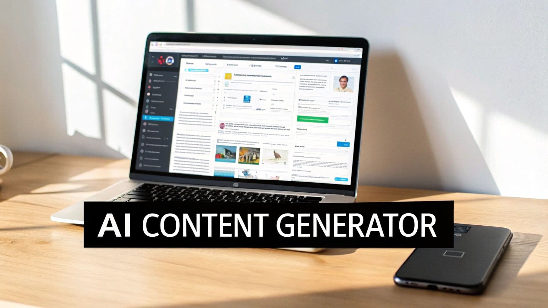 A laptop on a sunlit desk showing a social media content dashboard, captioned AI Content Generator.