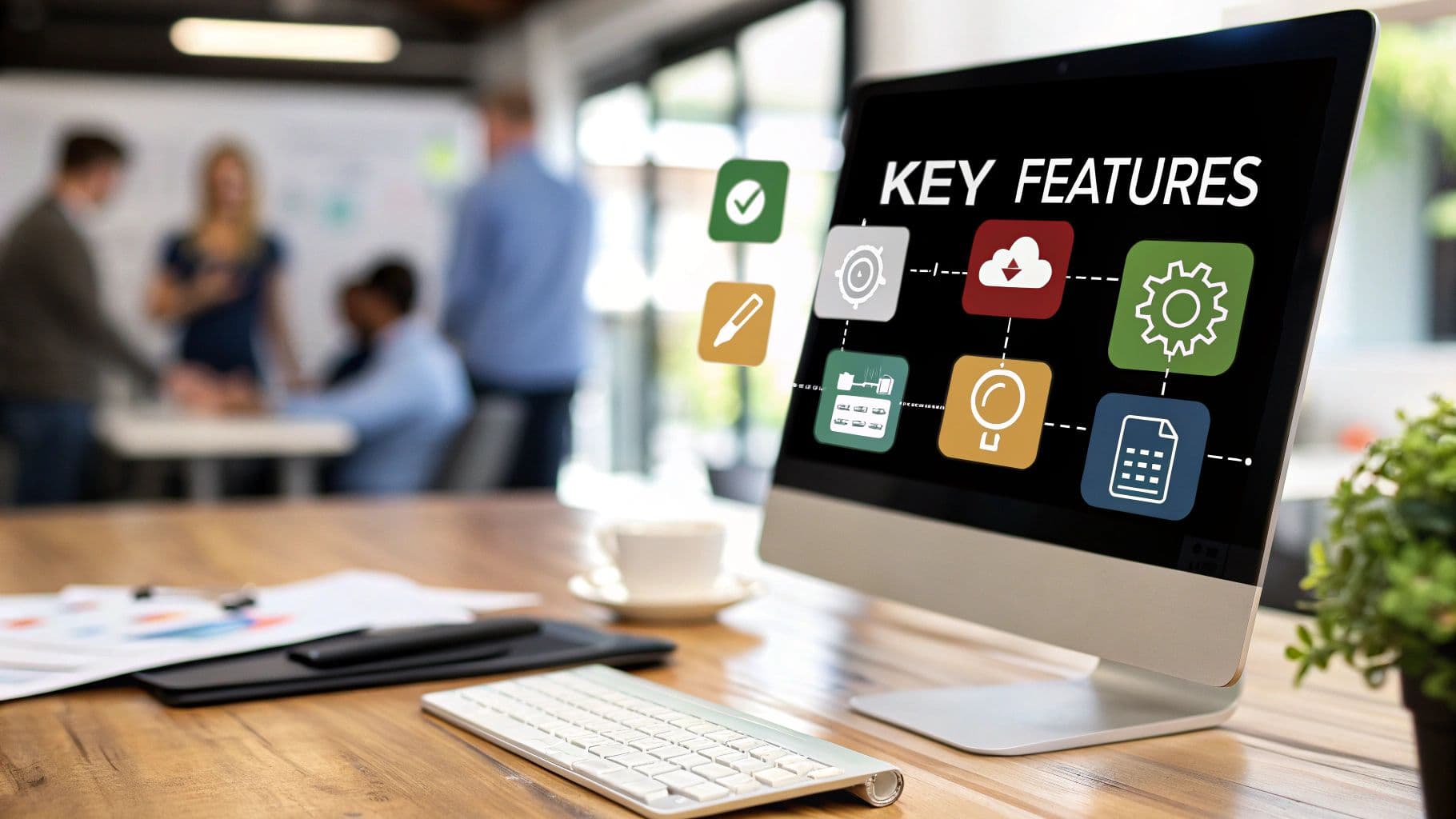 A desktop monitor in an open-plan office displaying a Key Features graphic made of connected app icons.