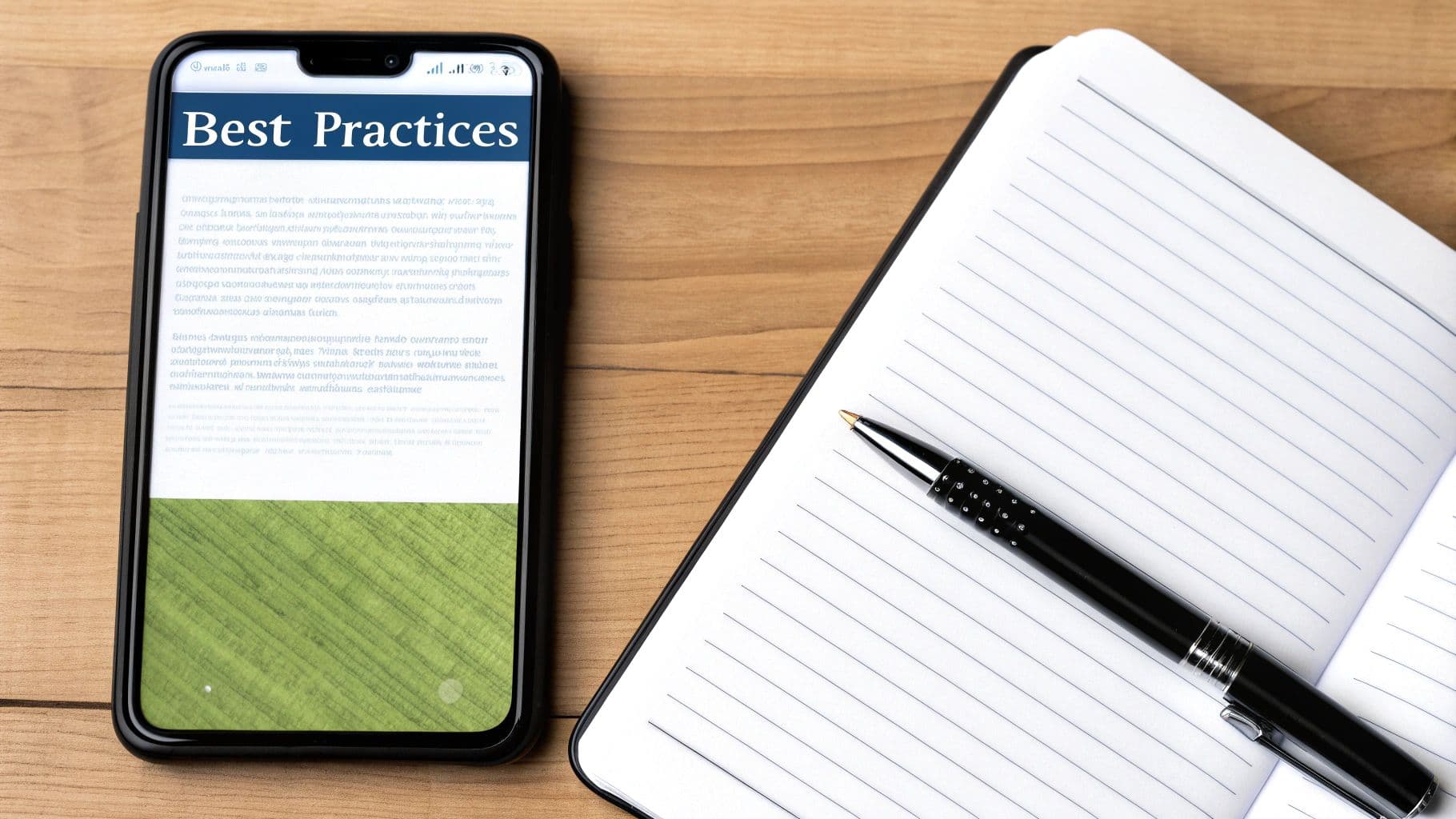 A phone showing a Best Practices article next to an open notebook and pen on a wooden desk.