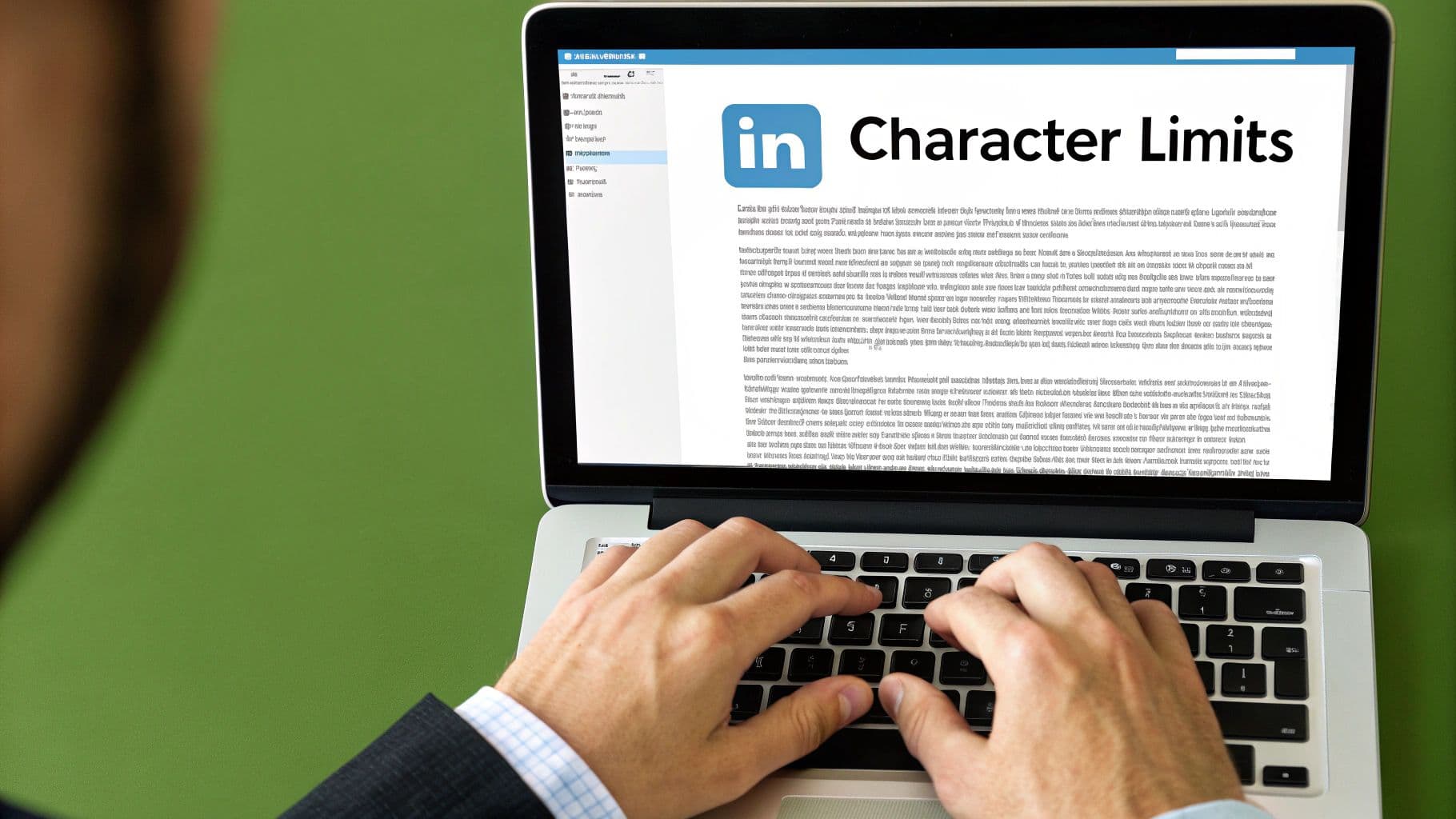 A professional typing a LinkedIn post on a laptop with a page titled LinkedIn Character Limits on screen