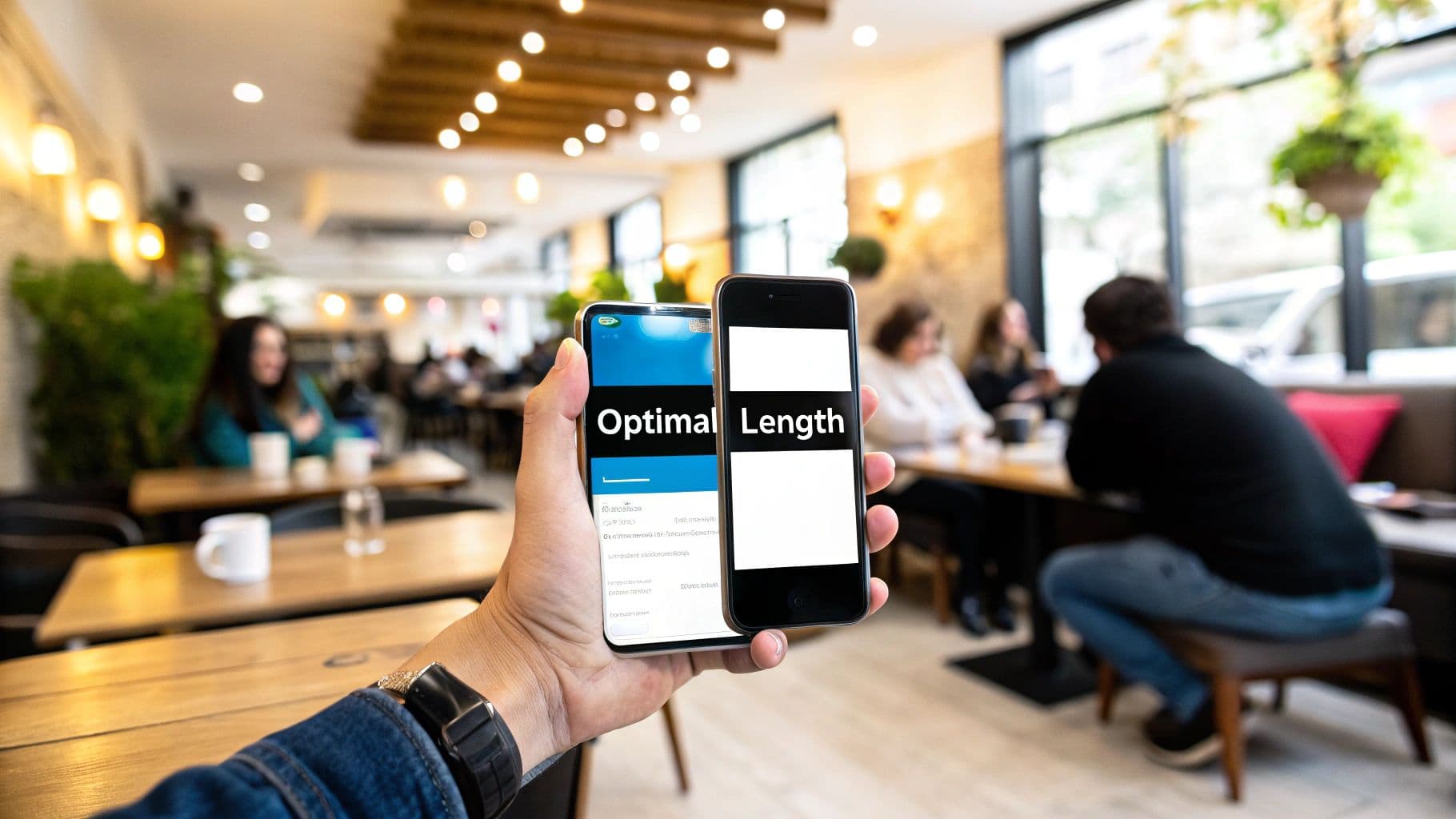 Someone in a café holding two phones side by side comparing LinkedIn post previews labelled optimal length
