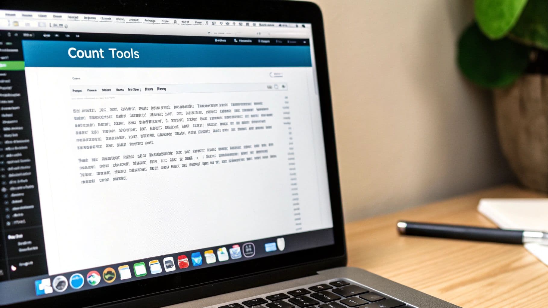A laptop on a desk showing a character count tool open next to a draft LinkedIn post