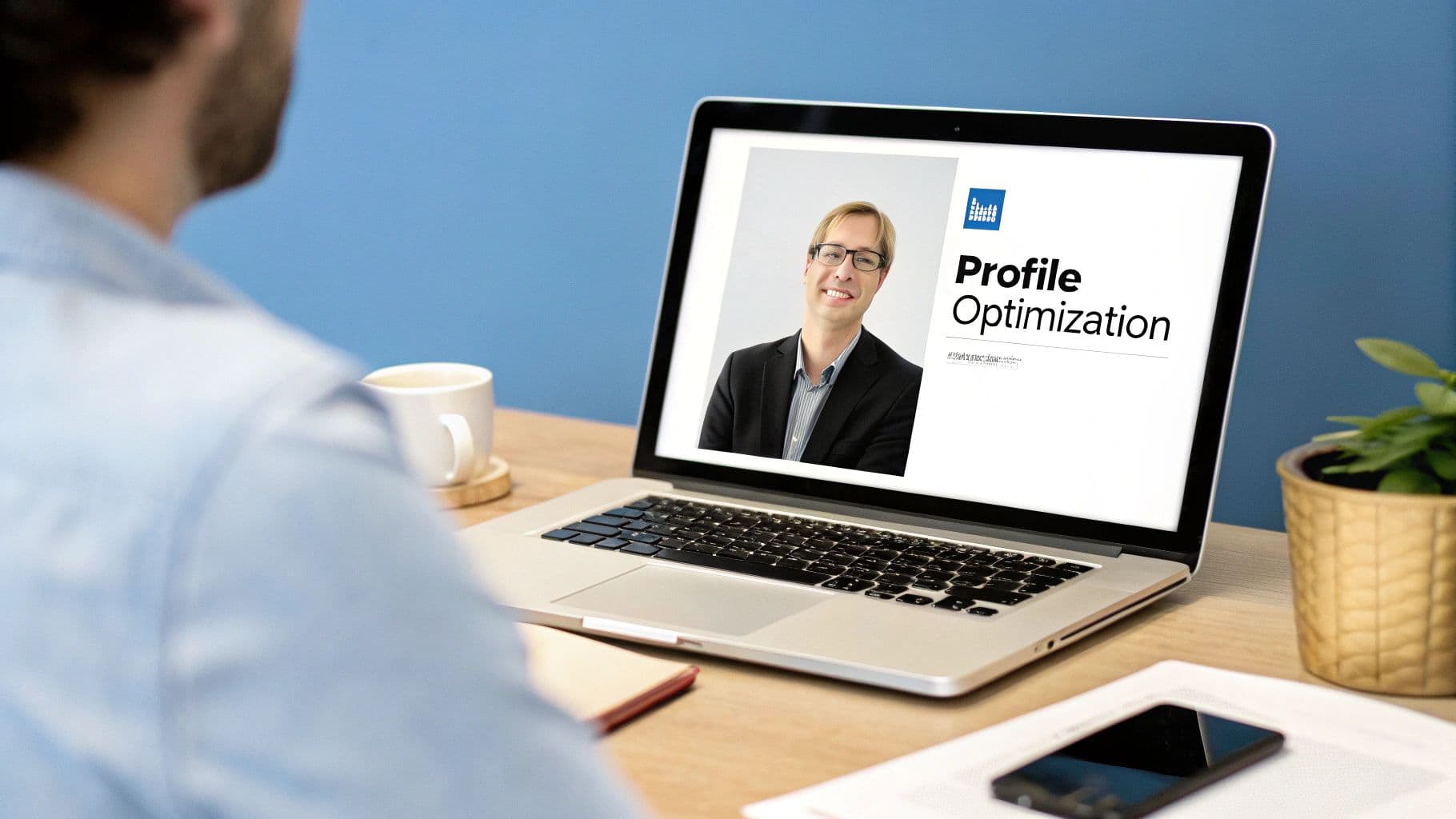 A professional reviewing an optimised LinkedIn profile on a laptop