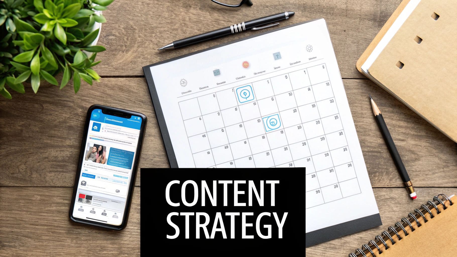 A content strategy calendar next to a phone showing a LinkedIn feed