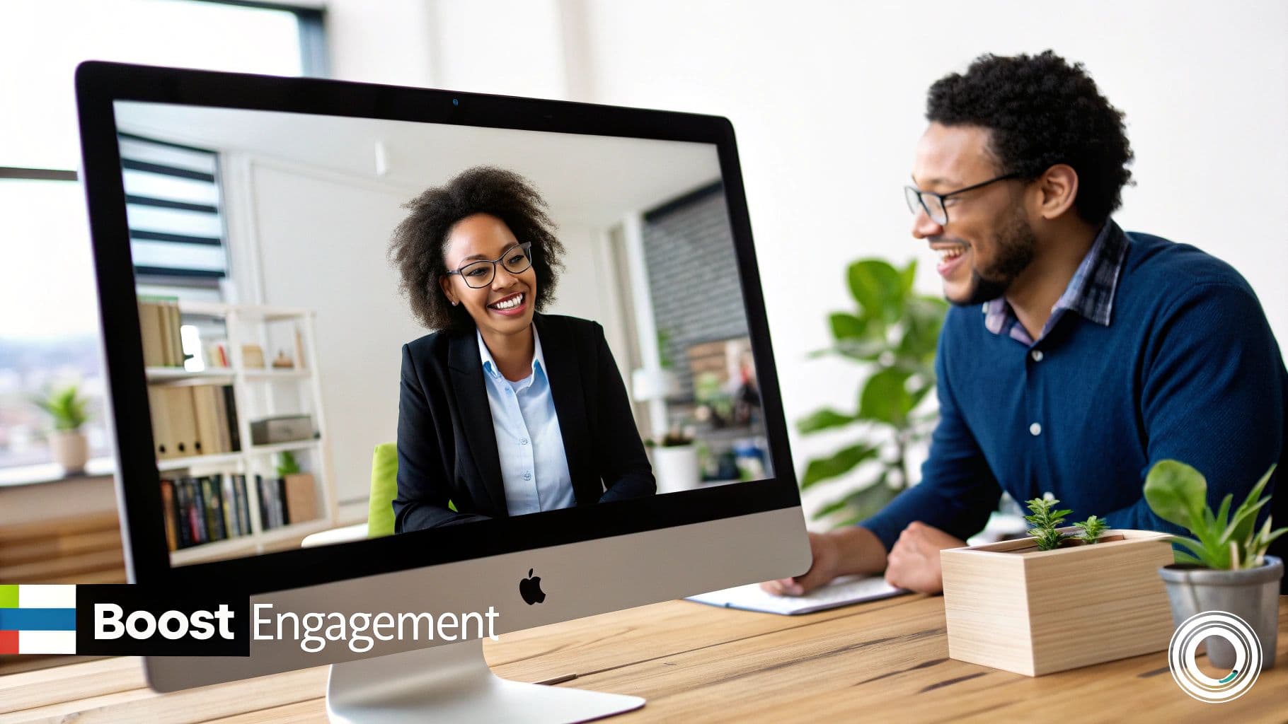 Two professionals talking over a video call, illustrating two-way engagement on LinkedIn