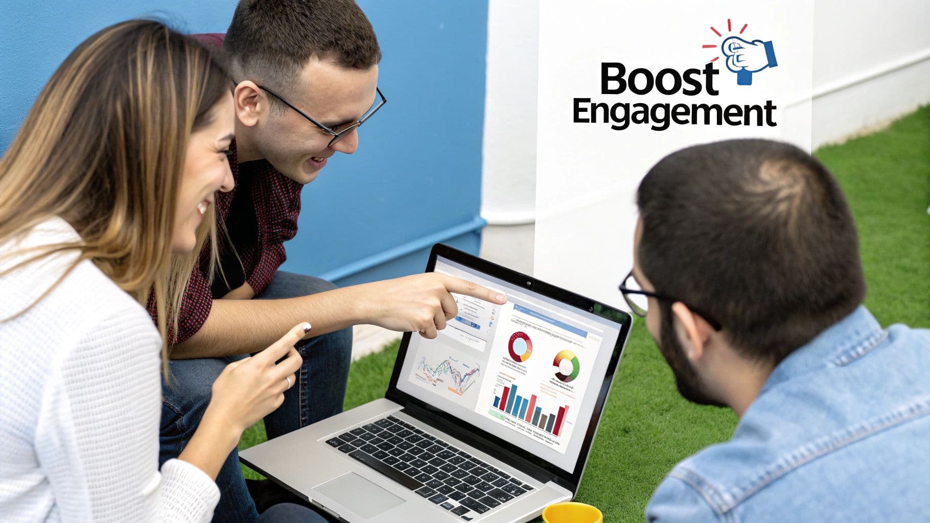 Three colleagues reviewing engagement charts on a laptop next to a Boost Engagement sign