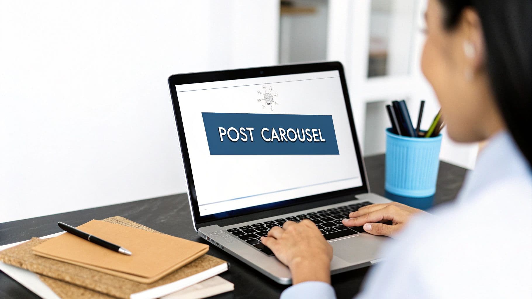 Someone typing at a laptop showing a carousel title slide that reads Post Carousel