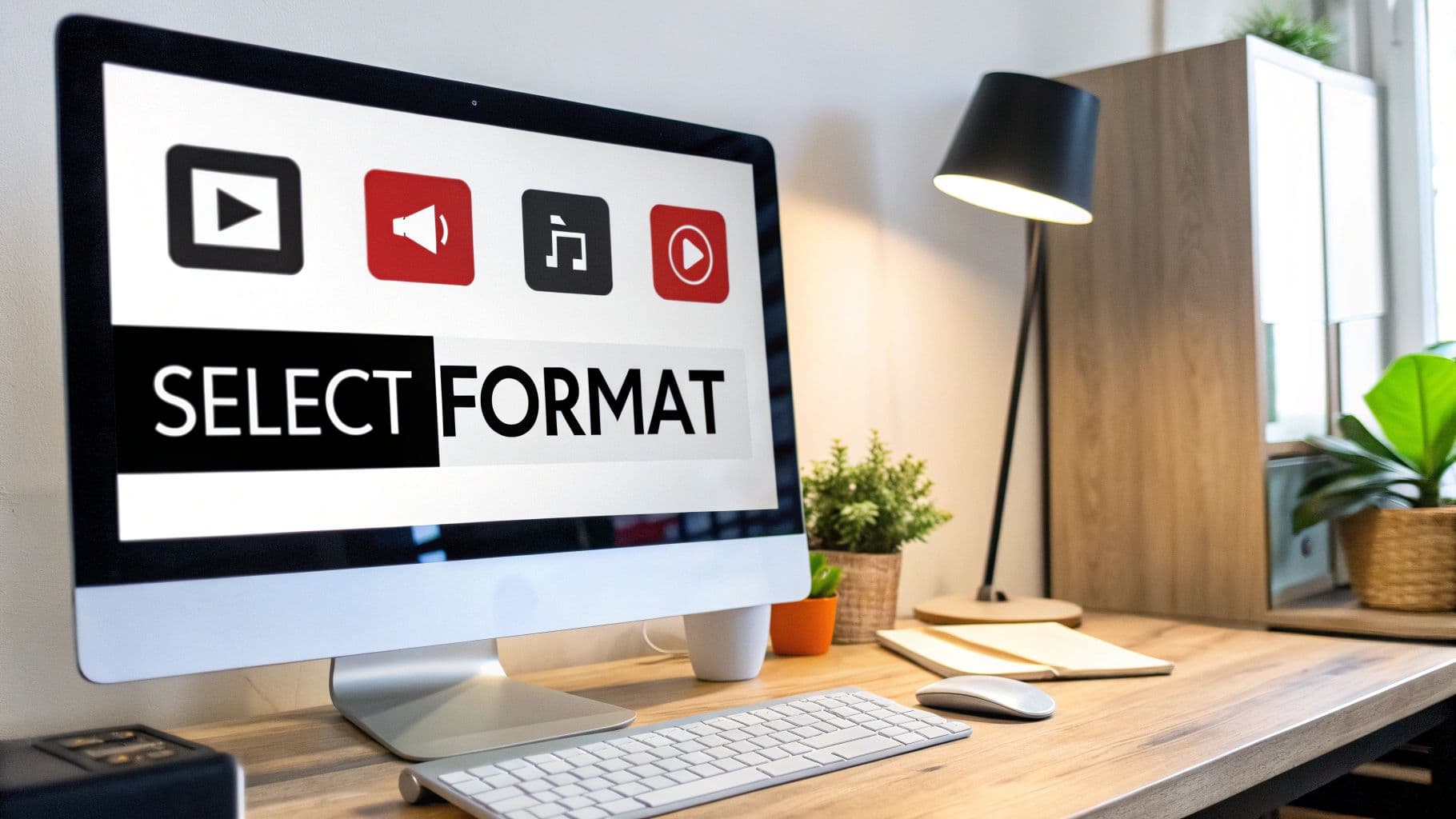A desktop monitor on a wooden desk showing video format icons above the words Select Format