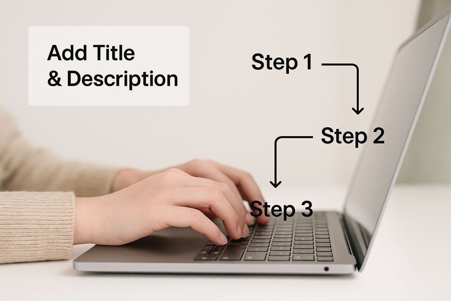 Hands typing on a laptop with steps one to three mapped out for adding a title and description to a LinkedIn video post