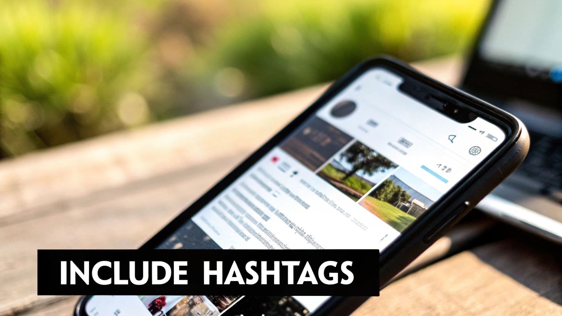 A smartphone propped on a desk showing a social feed, captioned Include Hashtags