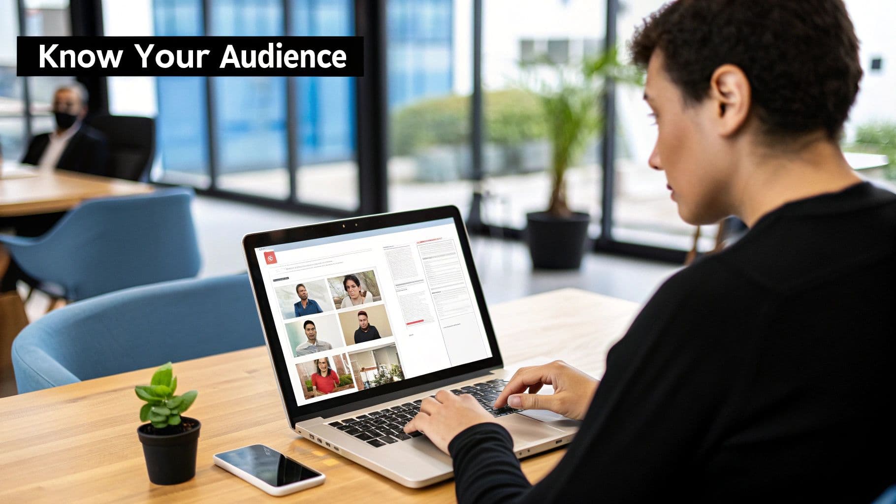A professional reviewing audience profiles on a laptop, illustrating the "know your audience" step before writing a LinkedIn post.