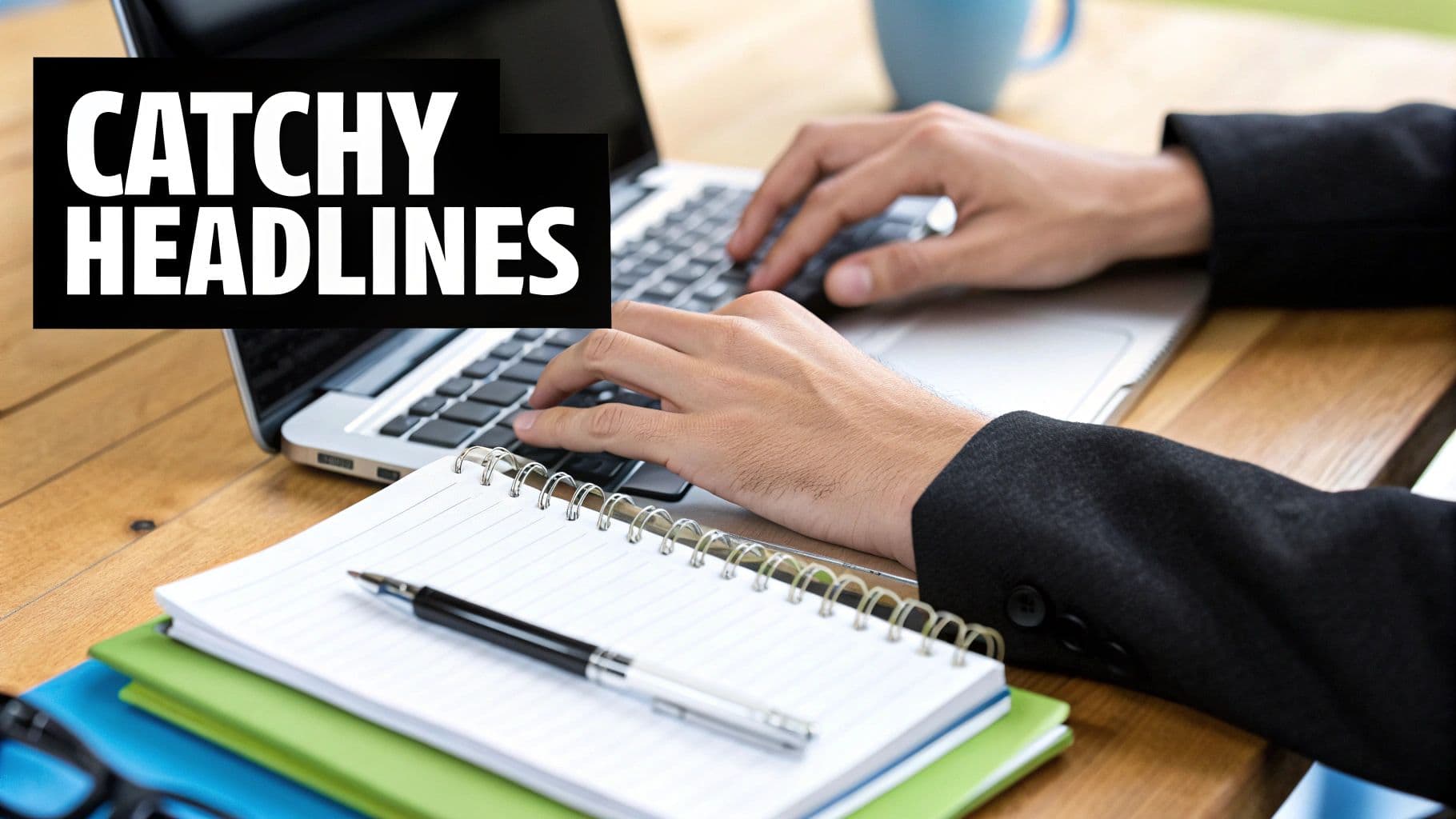 Hands typing on a laptop next to a notebook, with the words "catchy headlines" overlaid — the hook is the first part of a LinkedIn post.