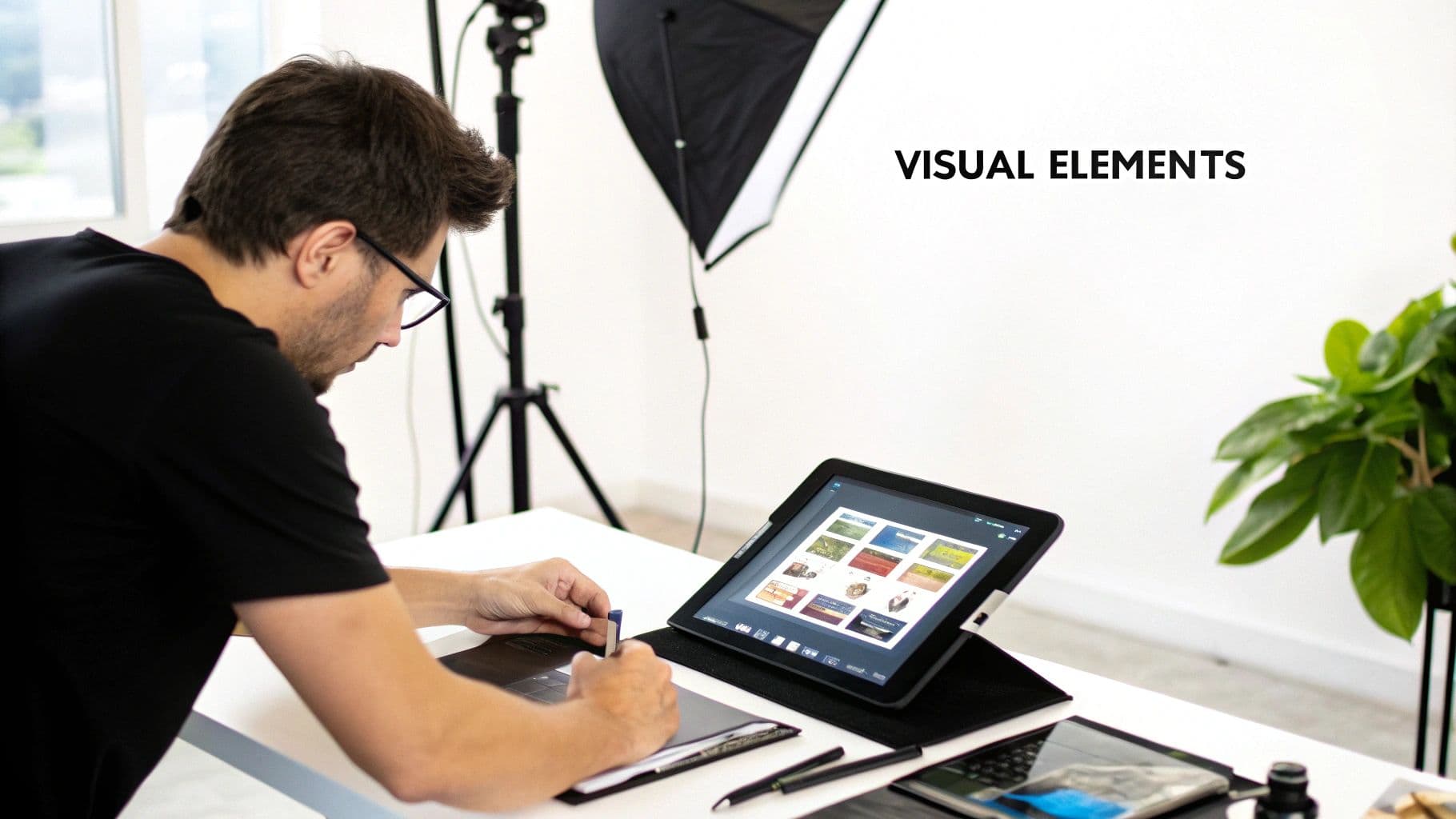 A creator preparing visual elements for a LinkedIn post in a small home studio with a softbox light and a tablet.