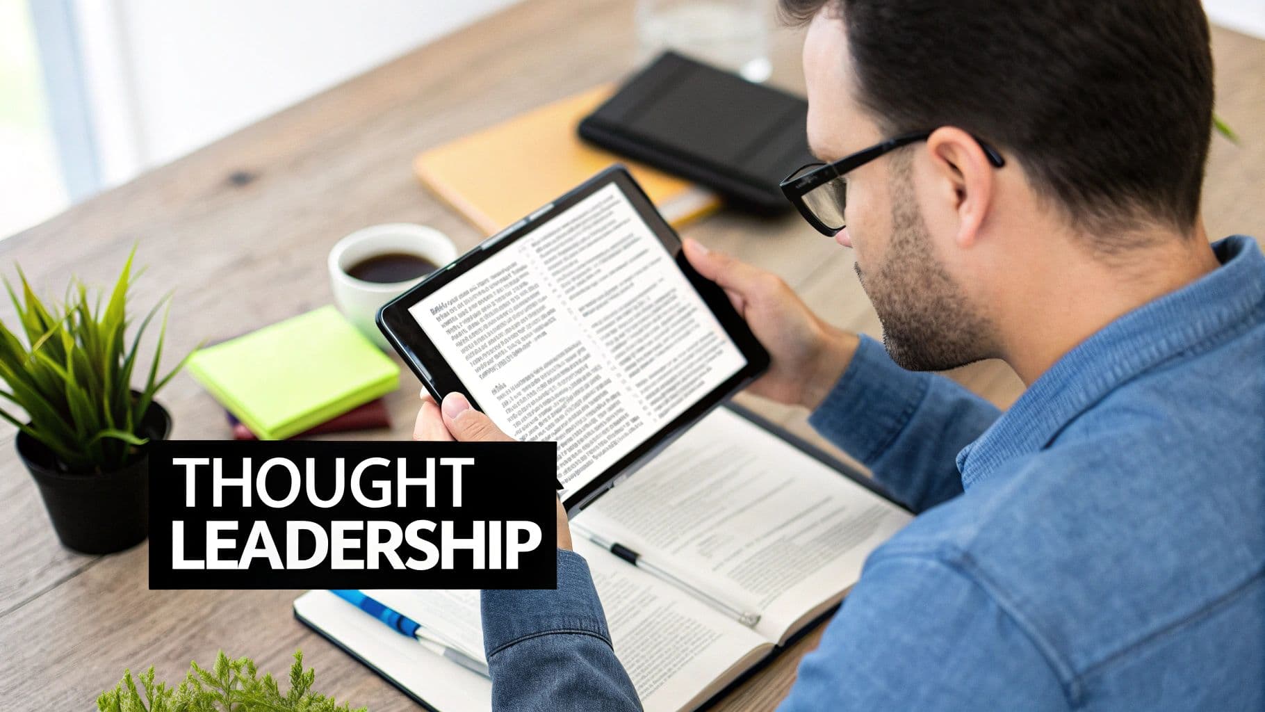 A professional reading an industry article on a tablet, illustrating thought leadership content on LinkedIn