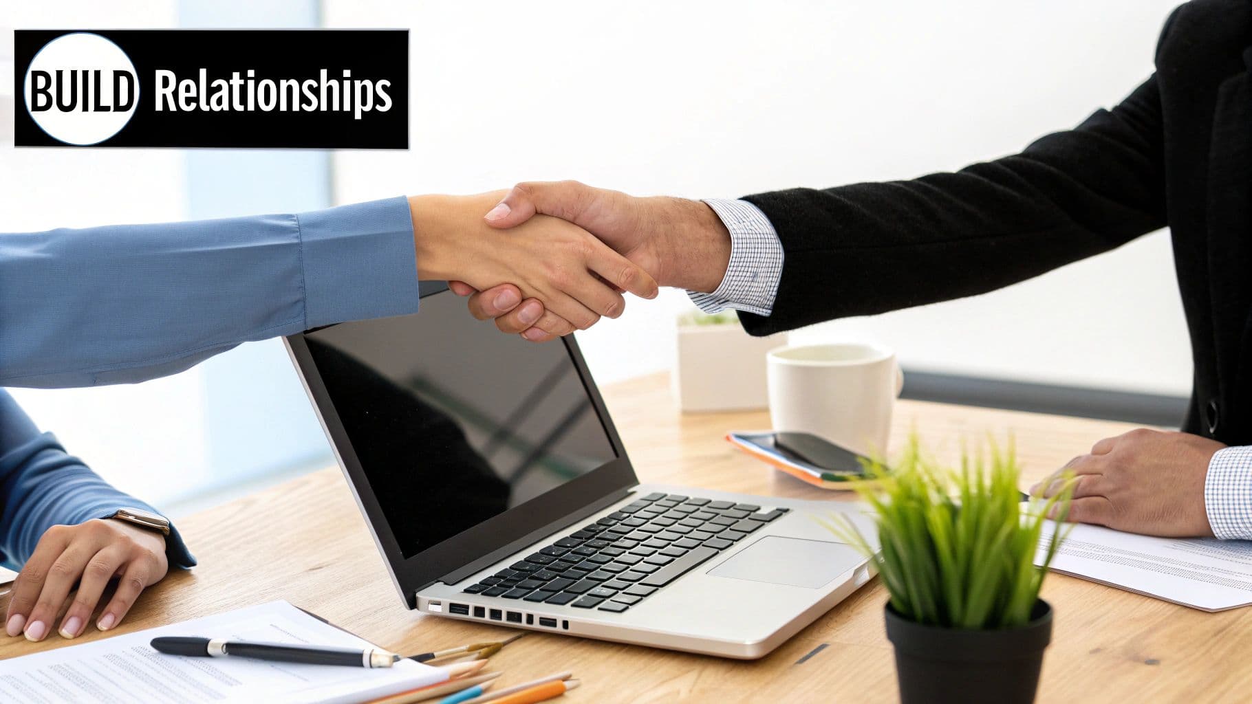 Two professionals shaking hands across a desk, illustrating relationship-first social selling