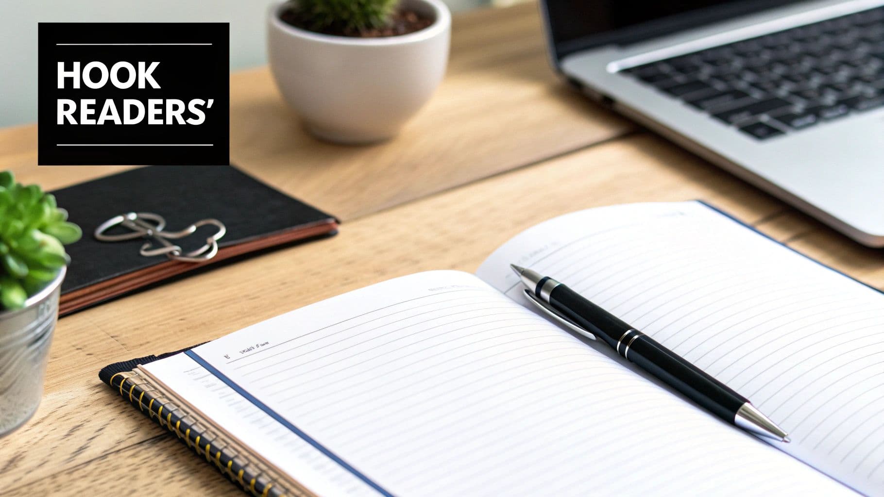 An open notebook and pen on a desk beside a laptop, labelled Hook Readers — drafting the opening line of a LinkedIn post.