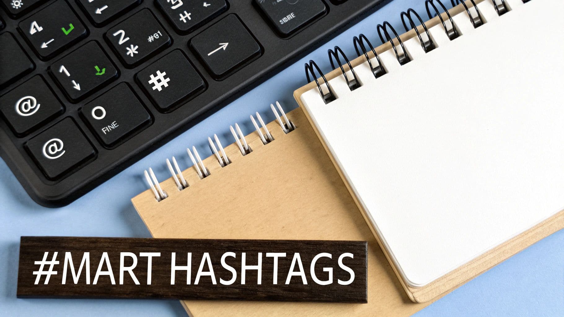 A keyboard with a prominent hashtag key beside two notepads and a wooden sign reading smart hashtags.