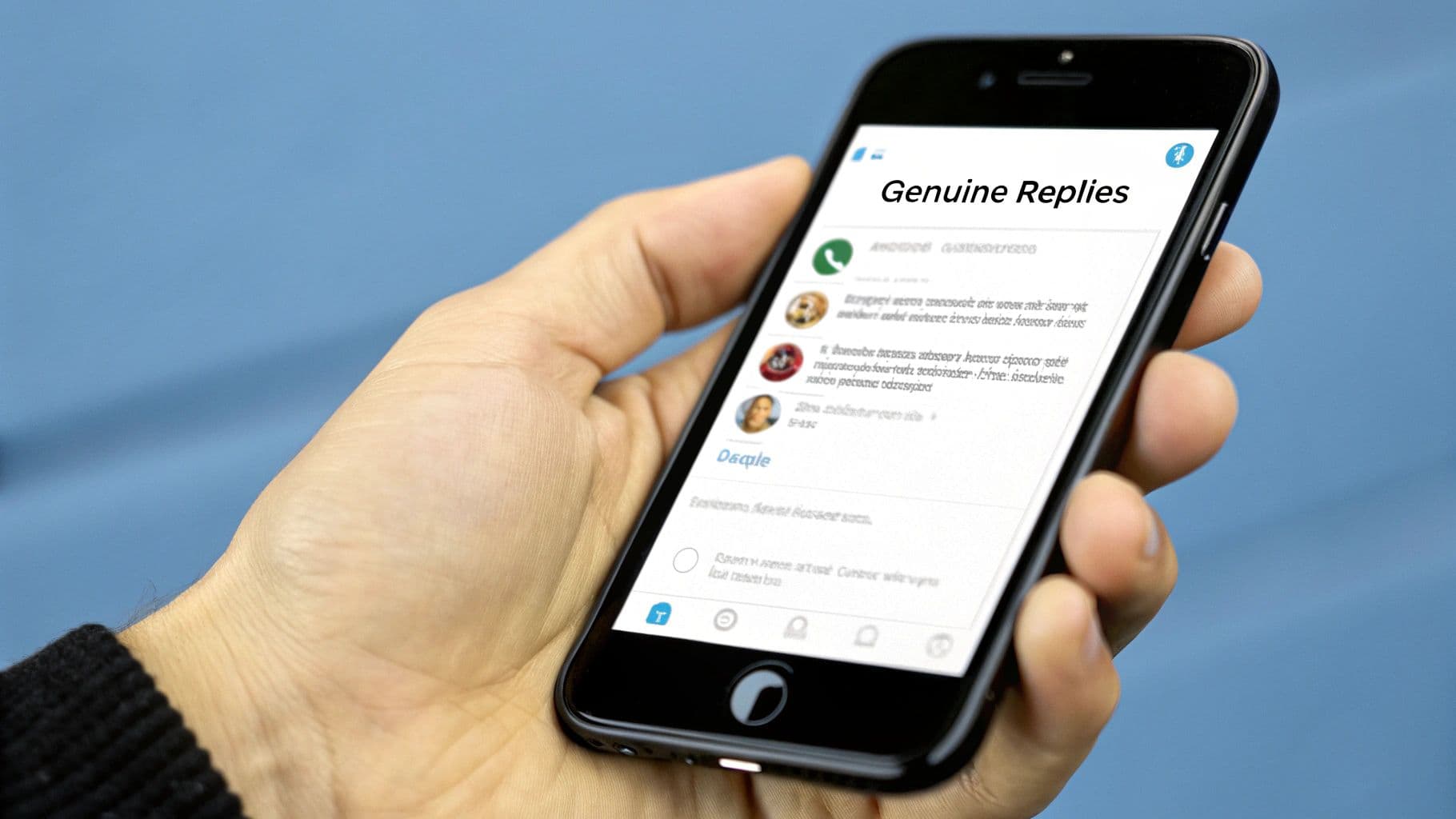 A hand holding a phone showing a comment thread headed Genuine Replies — answering every comment personally.