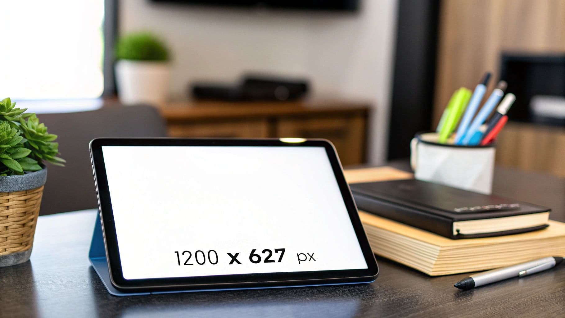 A tablet on a desk displaying the text 1200 x 627 px, the recommended landscape image size for a LinkedIn feed post.