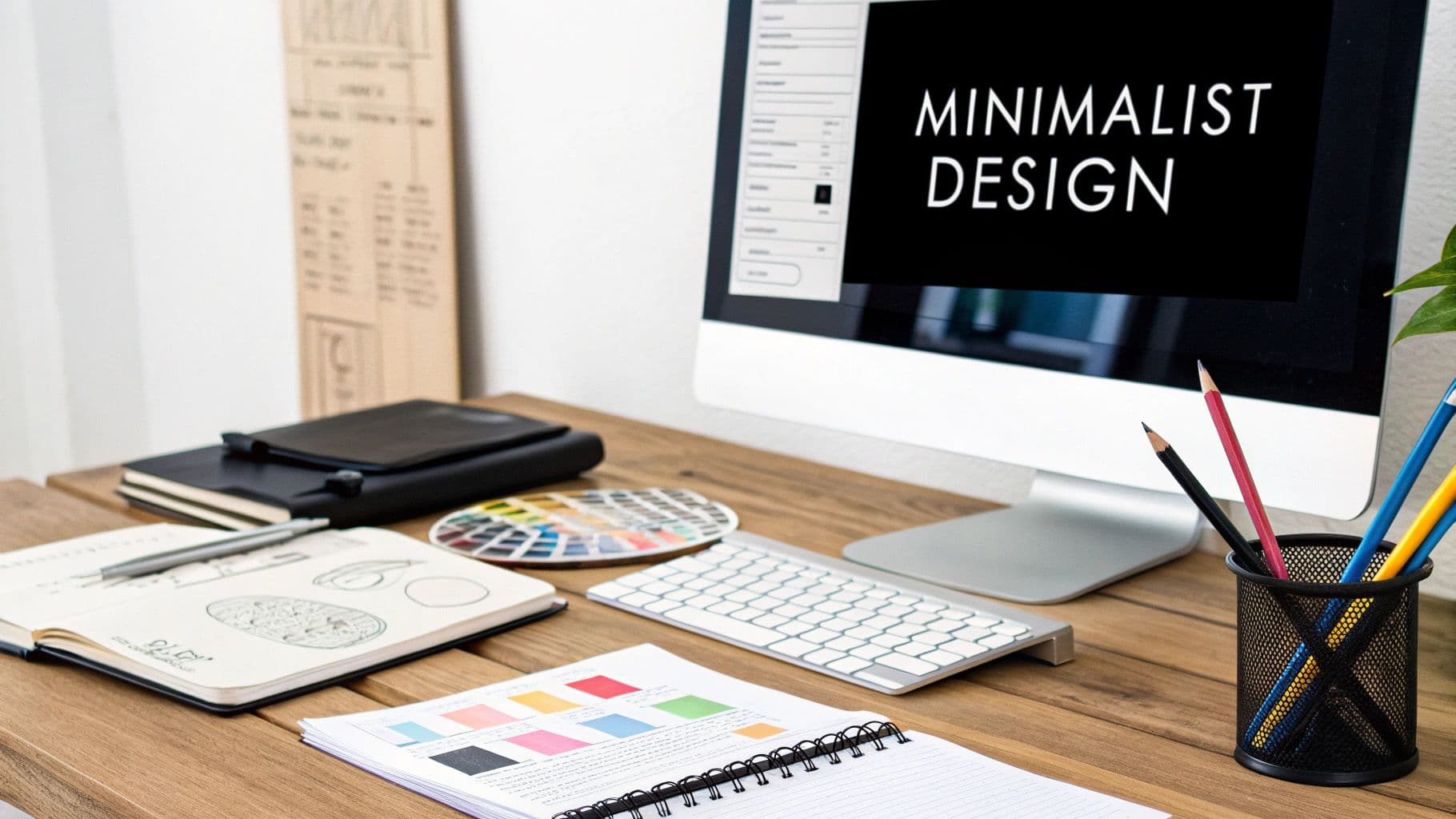 A designer's desk with a monitor reading Minimalist Design, colour swatches and sketches, representing planning visuals for the LinkedIn feed.