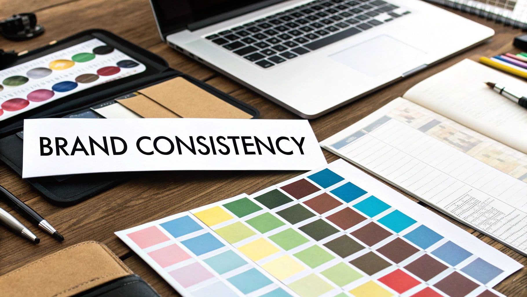 A desk with a card reading Brand Consistency next to colour swatches and a laptop, illustrating consistent visuals for LinkedIn articles and link previews.