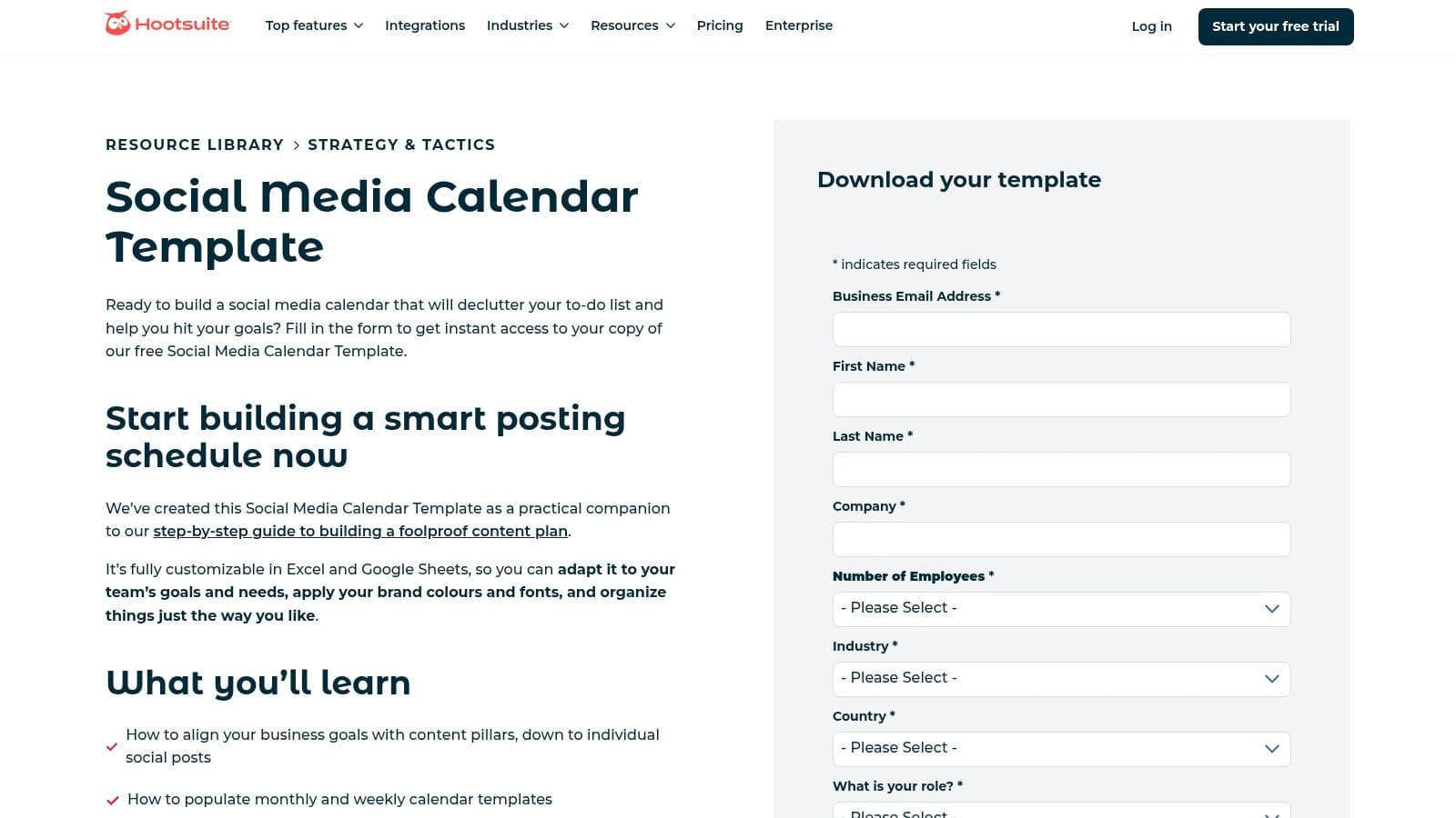 Hootsuite's free Social Media Calendar Template landing page, with the download form for the Excel and Google Sheets version