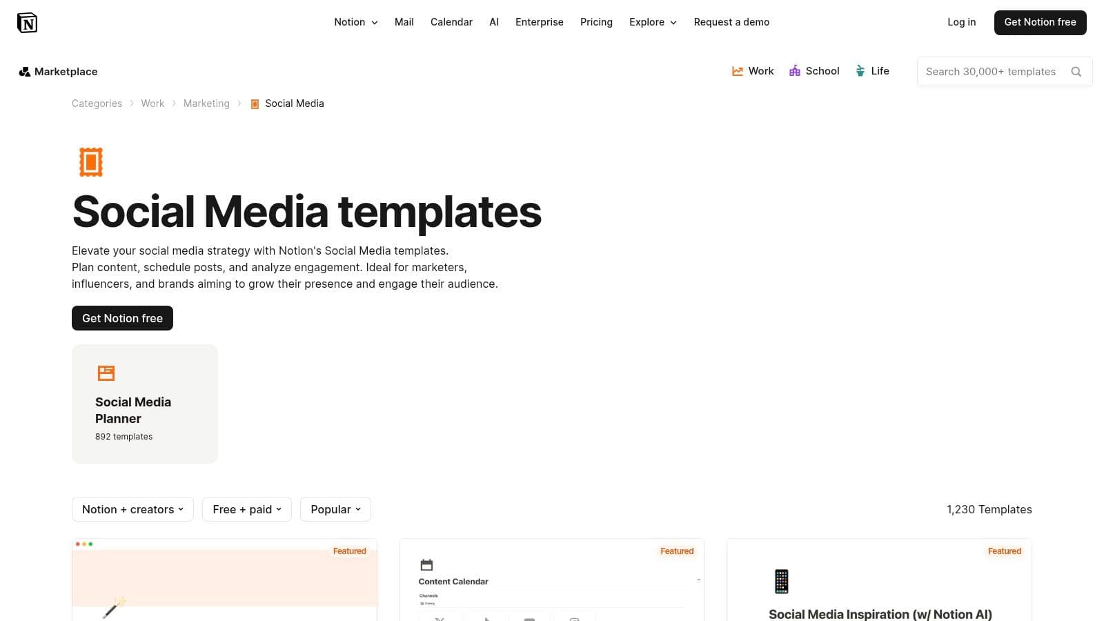 The Notion Template Gallery filtered to social media content calendar templates, each importable into a workspace in one click
