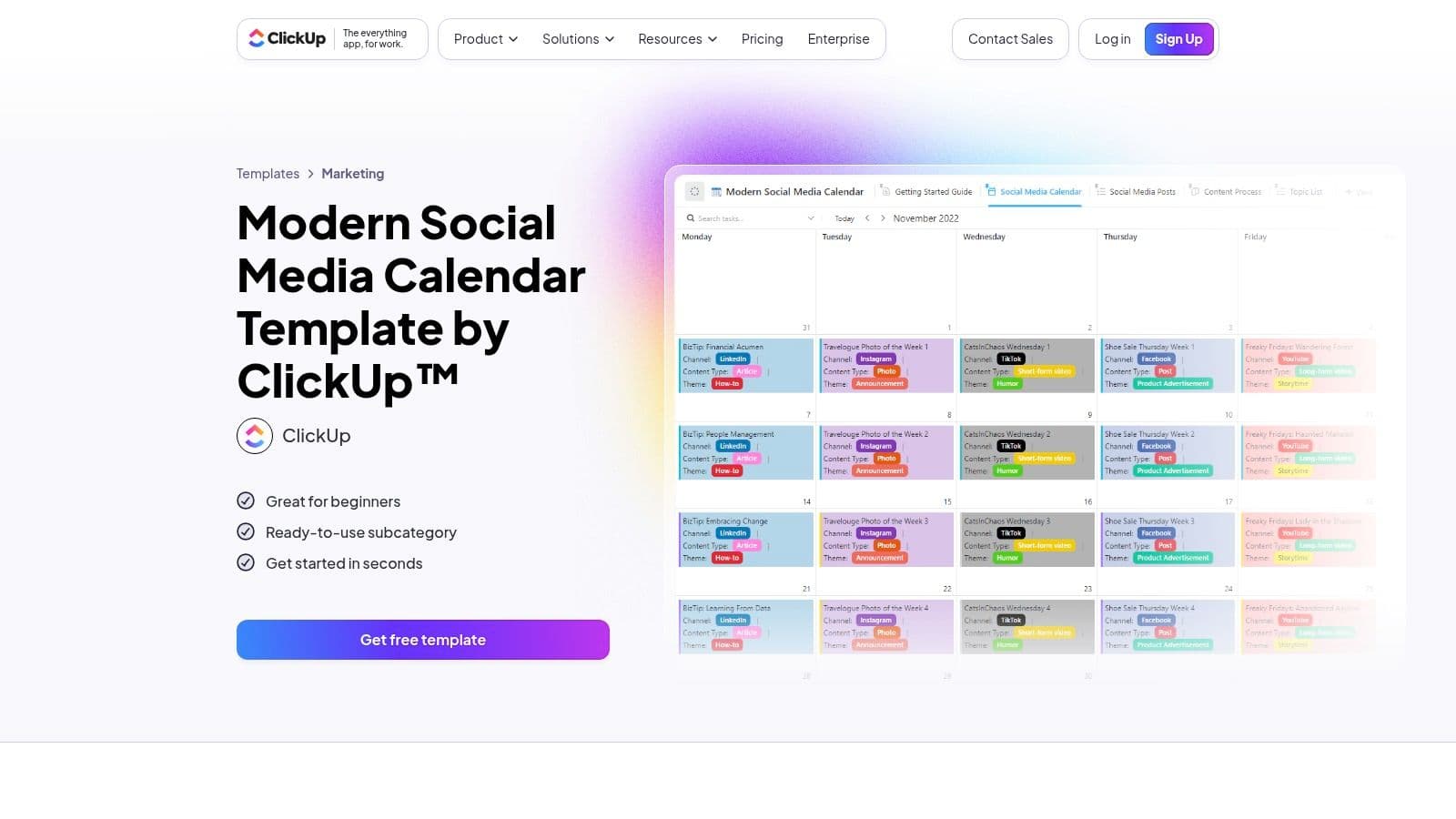 ClickUp's Modern Social Media Calendar template, showing a monthly calendar view where every post is a trackable task