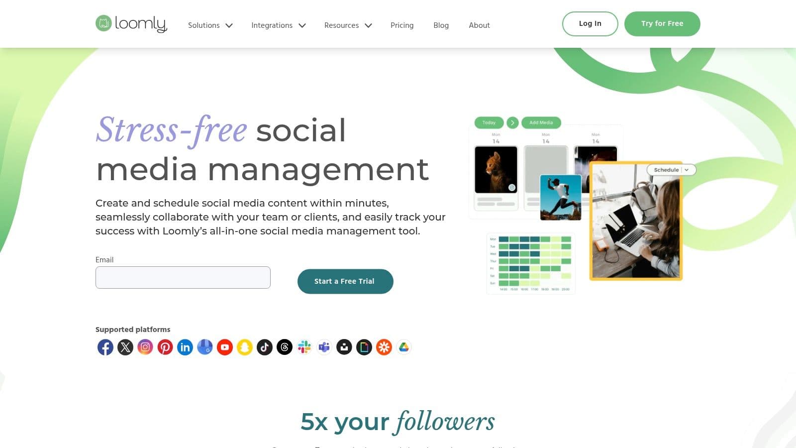 Loomly homepage showing its calendar-first content planning interface