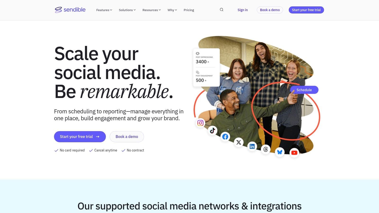 Sendible homepage promoting its agency-focused social media management dashboard