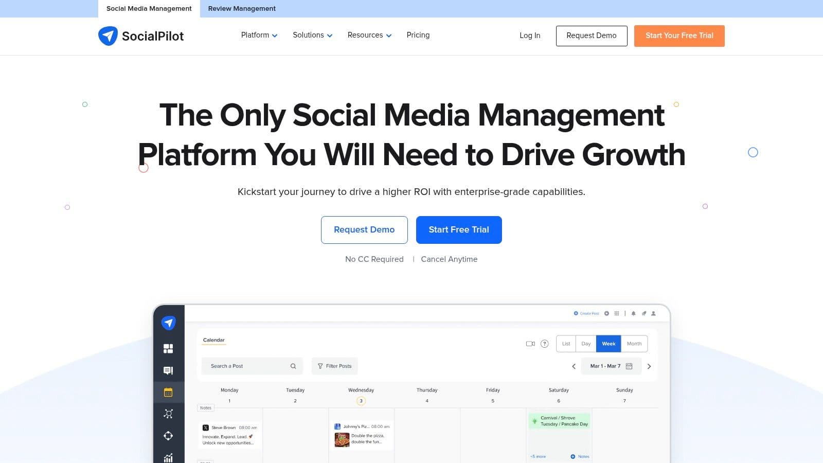 SocialPilot homepage presenting its cost-effective scheduling and client management features
