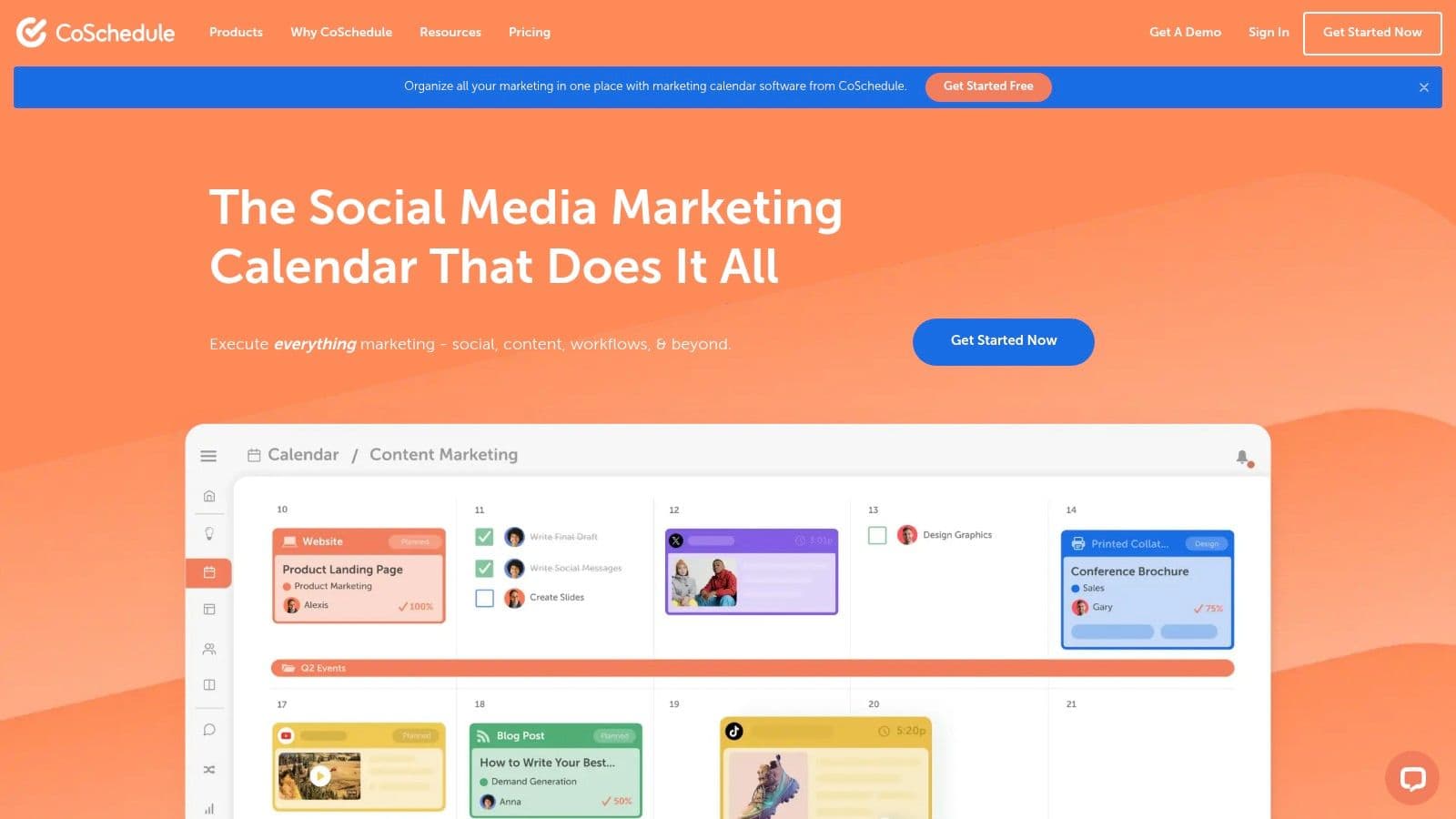 CoSchedule homepage showing its unified marketing calendar for social, blog and email content