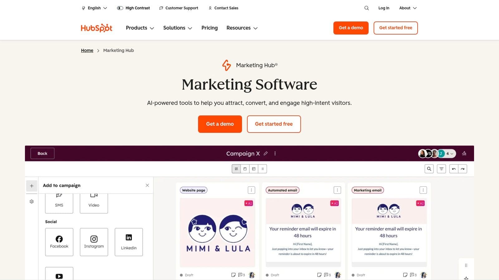 HubSpot Marketing Hub homepage showing its all-in-one marketing and CRM platform