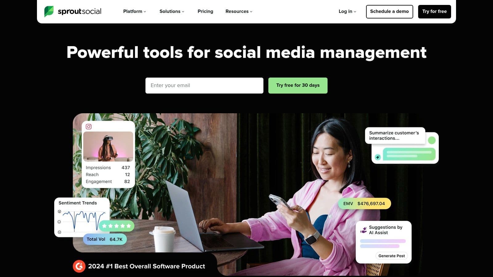 Sprout Social homepage showing its social media management dashboard, sentiment trends and AI Assist suggestions