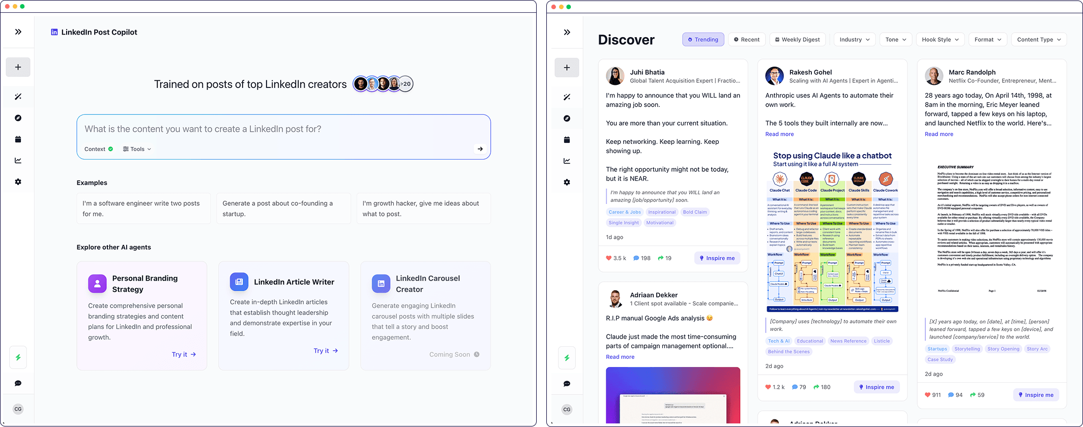 SachaSoft app — LinkedIn Post Copilot and Discover feed