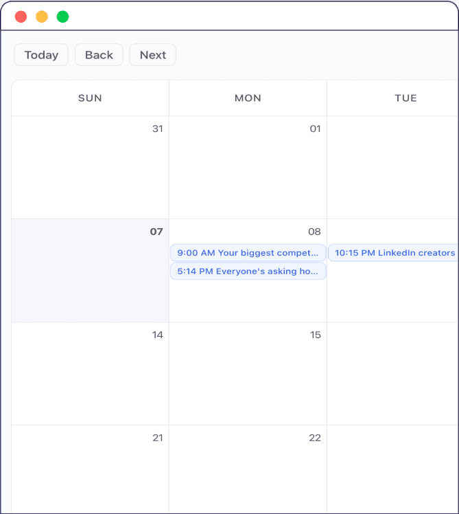 SachaSoft scheduling calendar with queued LinkedIn posts